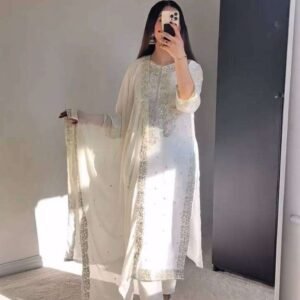 Women's Georgette Embroidery Sequence Work with Rivet Moti Work Straight Kurti With Pant and Dupatta Set