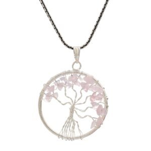 Rose Quartz Pendant Tree of Life Crystal Stone Pendant Locket with Metal Chain for  Healing Crystal Healing Gemstone Size 35-40 mm rose quarts