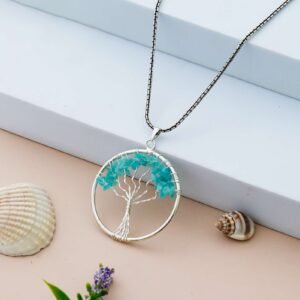 Amazonite Pendant Tree of Life Crystal Stone Pendant Locket with Metal Chain for  Healing Crystal Healing Gemstone Size 35-40 mm Amazonite